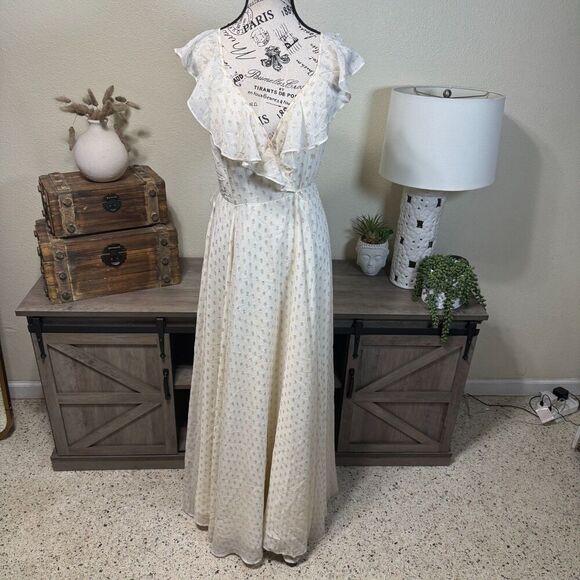 Yumi Kim Iris Ivory/Gold Swiss Dot Lurex Maxi Wrap Dress Ruffle Formal Size S - Picture 2 of 11